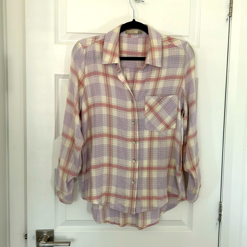 NWT - BLACKTAPE - Blouse plaid long sleeves buton down purple pink size small